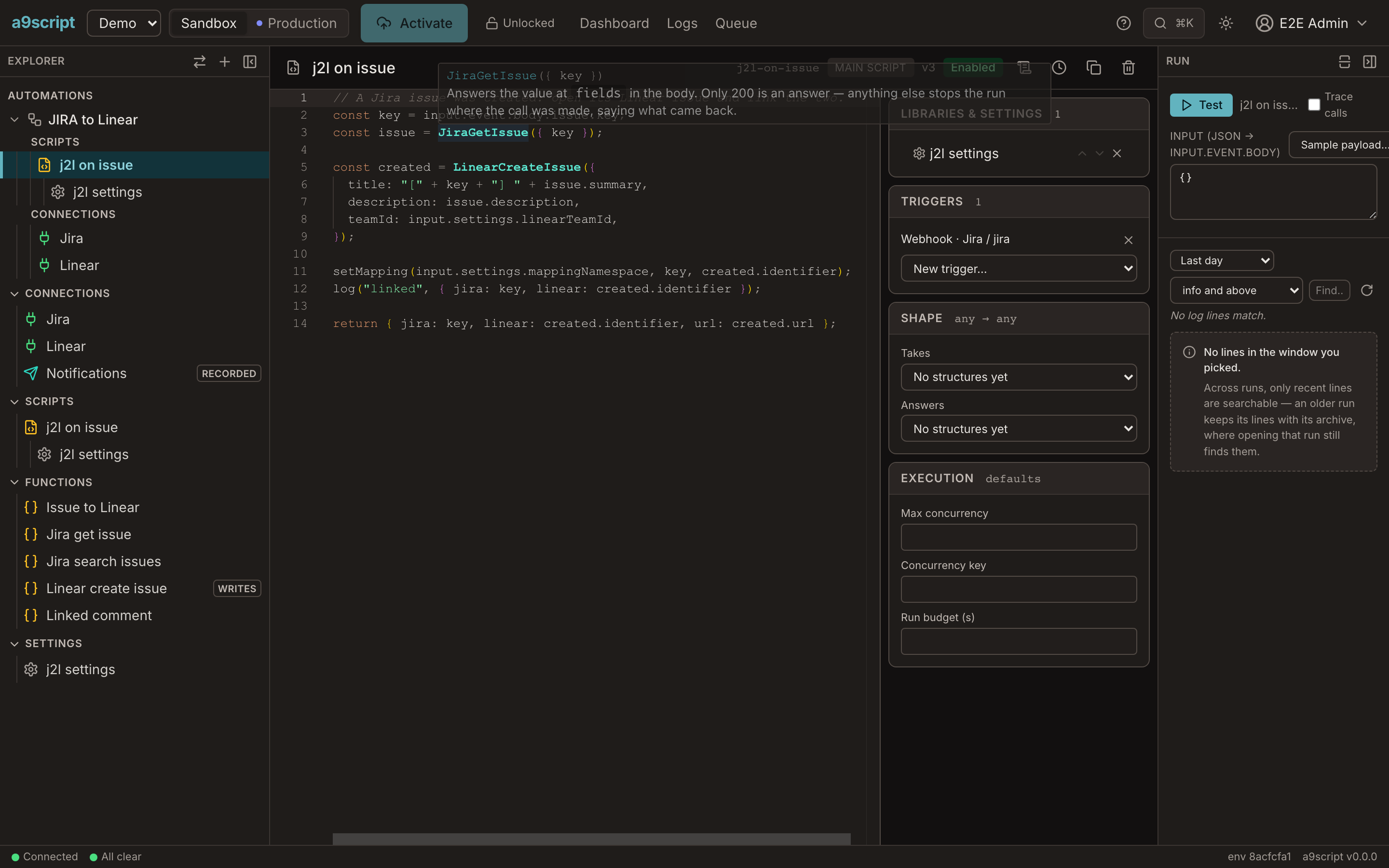 A configured function in the script editor: its signature and what it answers, before anything is activated.