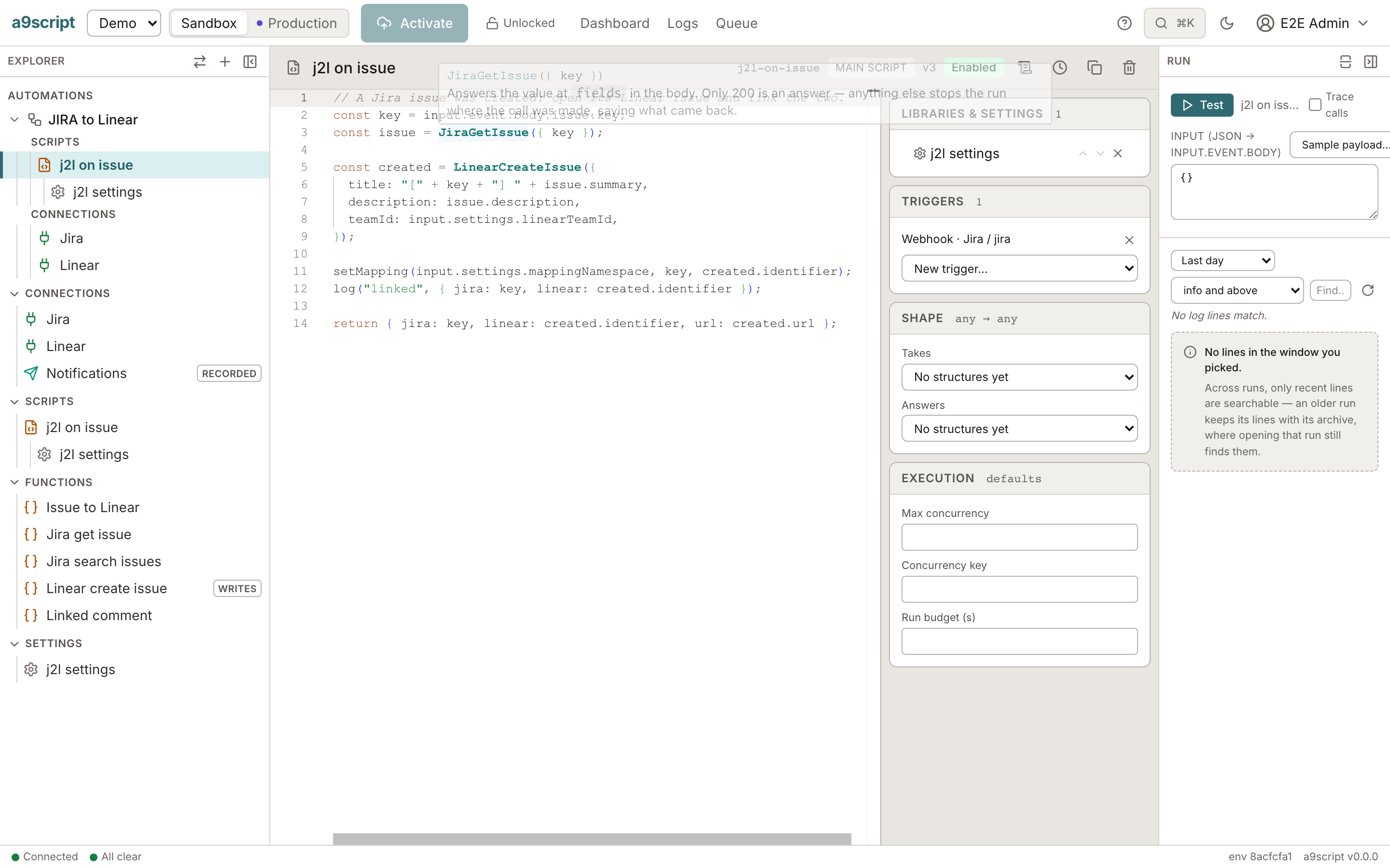 A configured function in the script editor: its signature and what it answers, before anything is activated.