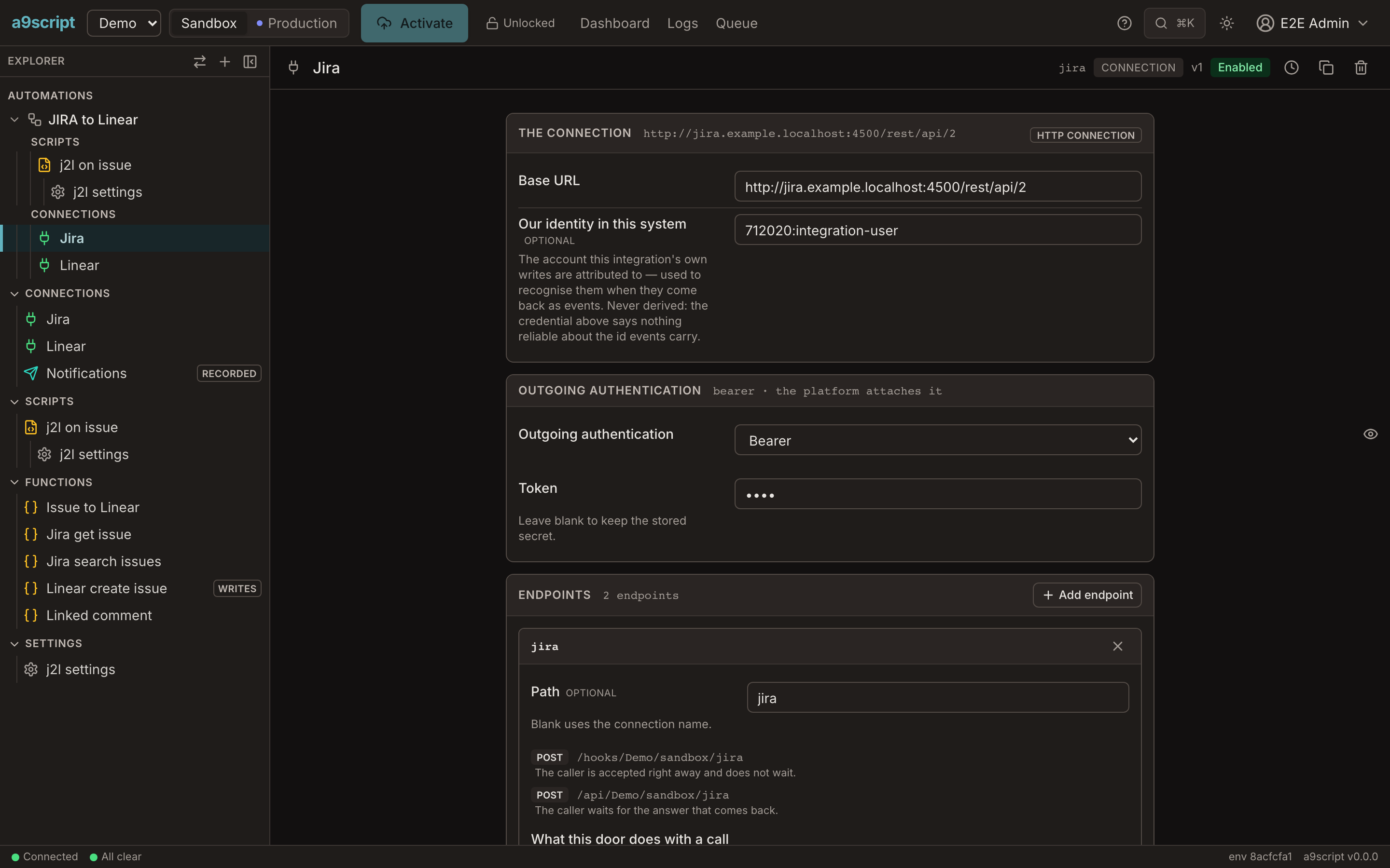 The explorer beside a connection: the address of a system, who you are to it, and the endpoints it answers on.