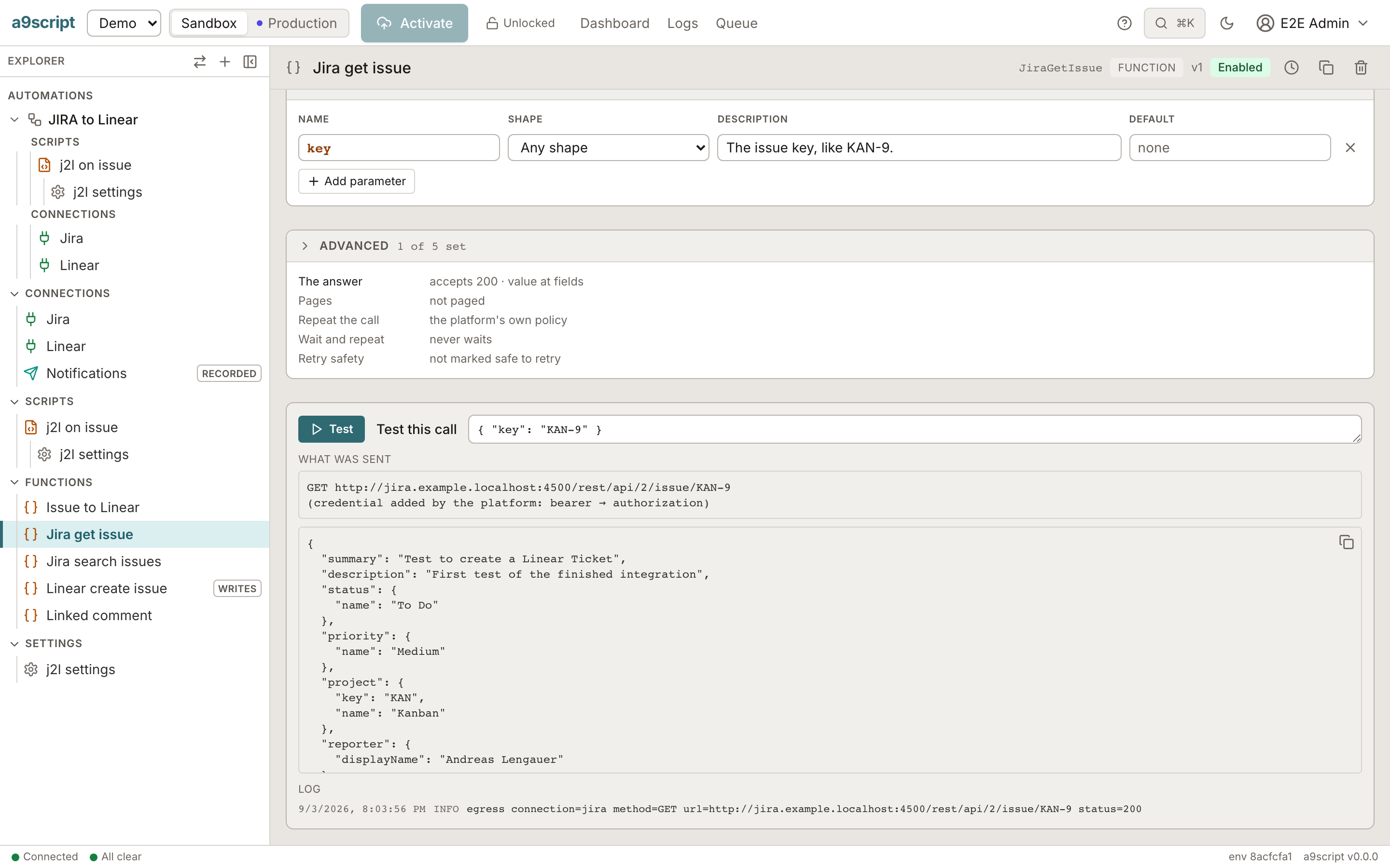 A configured call after Test: the answer a script gets, and the request that was sent — the credential named, never shown.