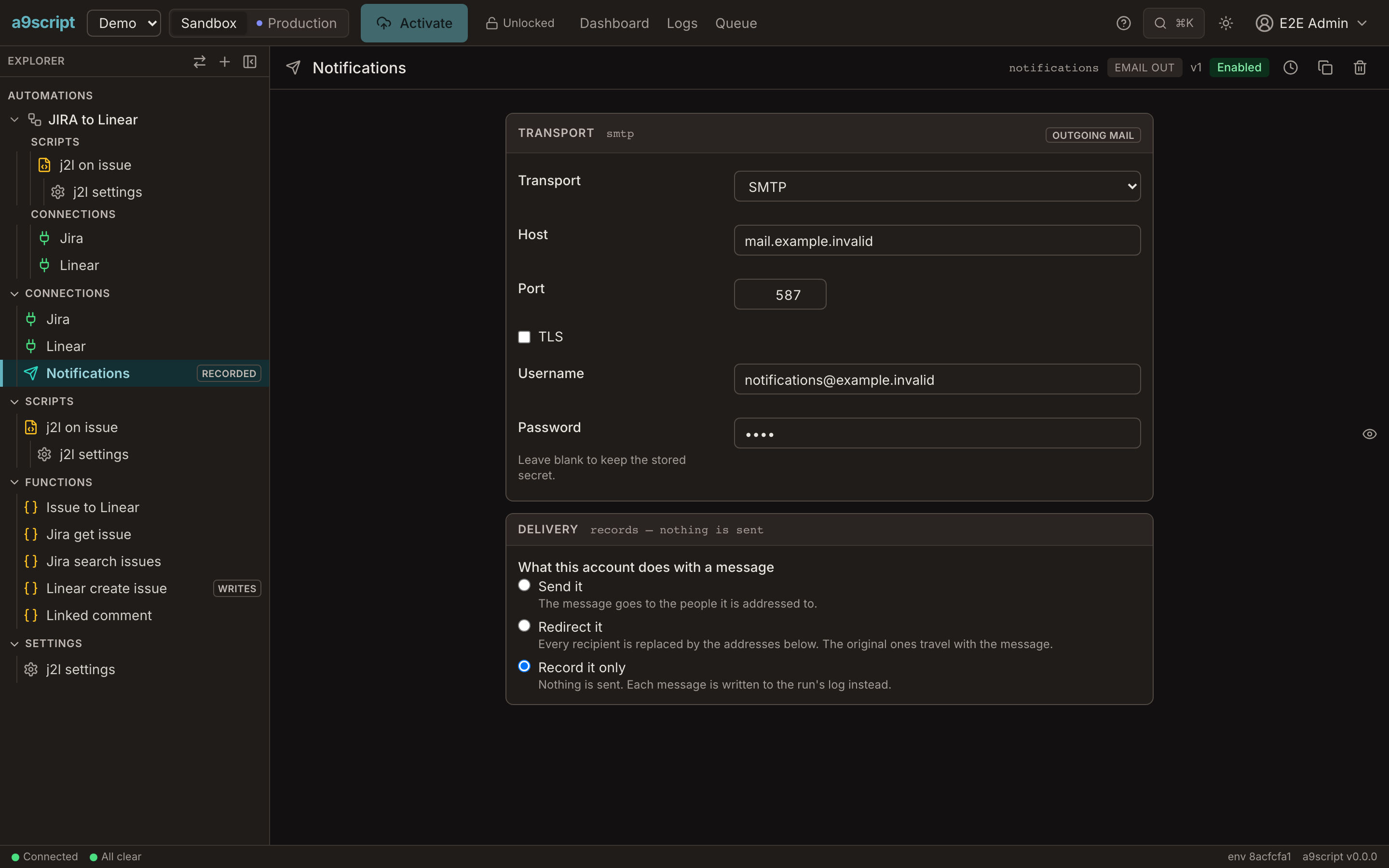 A mail account's three delivery modes: send it, redirect every recipient to one inbox, or record it only.