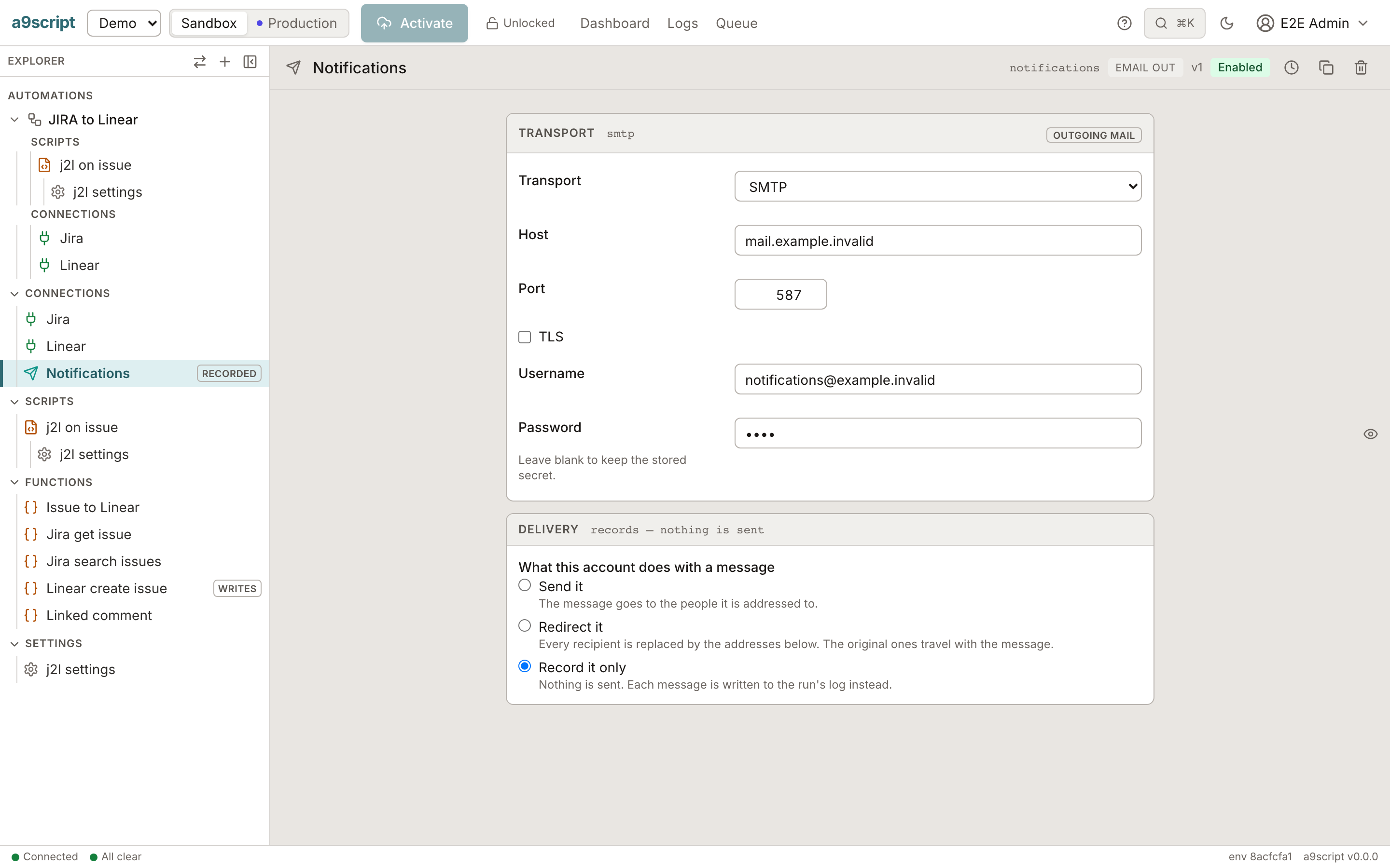 A mail account's three delivery modes: send it, redirect every recipient to one inbox, or record it only.