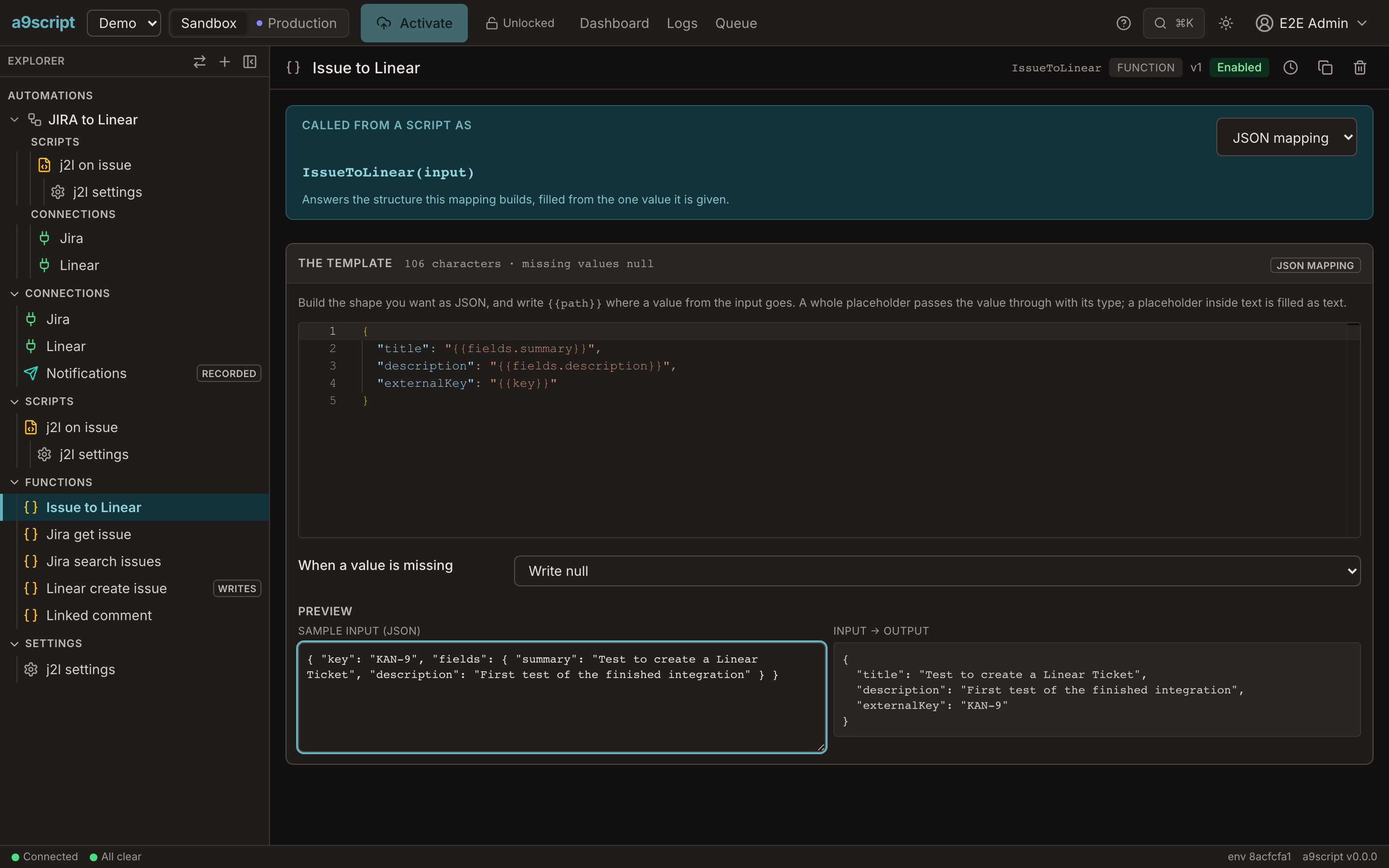 A mapping with a sample: the result of the mapping is computed the moment a sample is typed, before any script uses it.