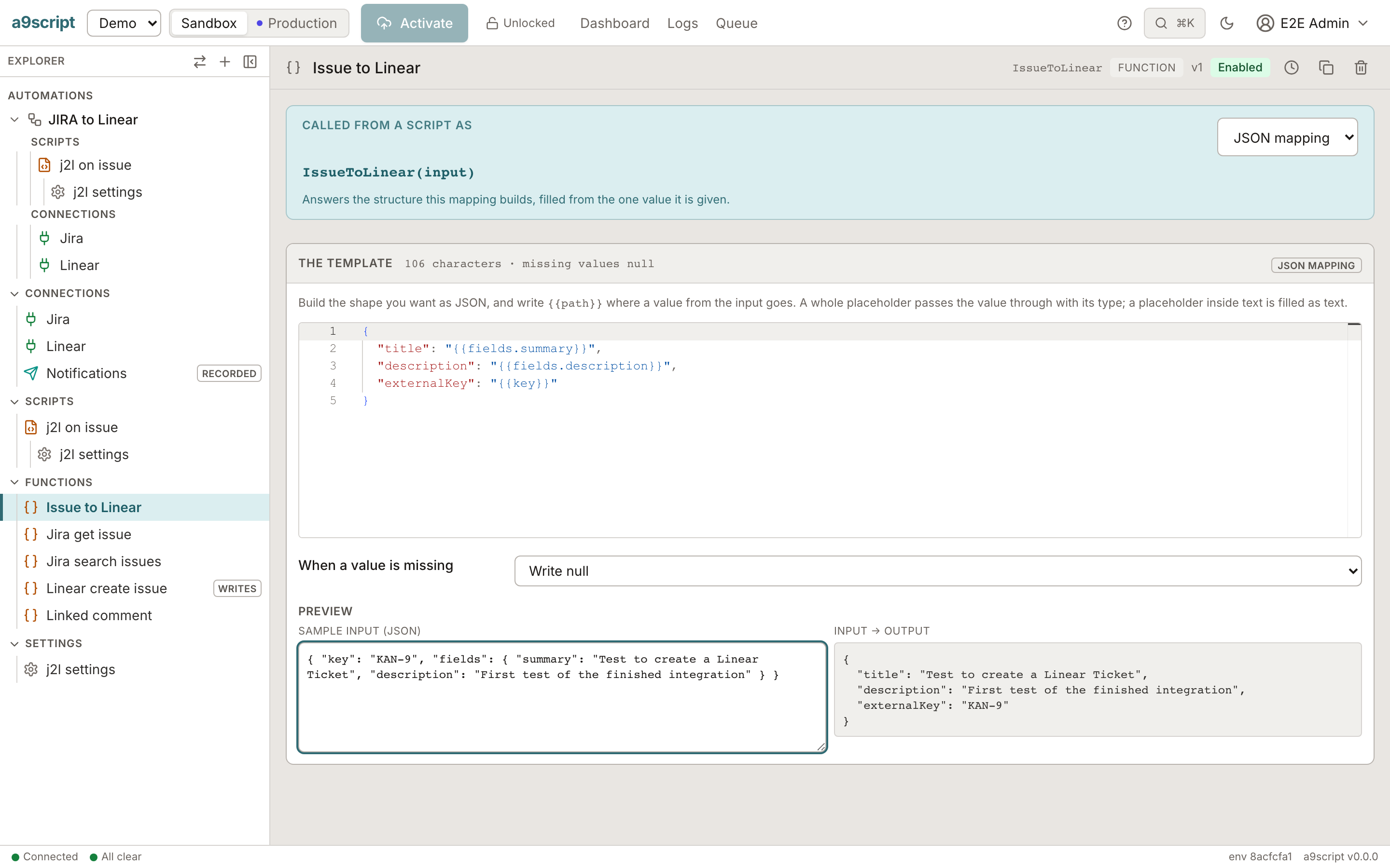 A mapping with a sample: the result of the mapping is computed the moment a sample is typed, before any script uses it.